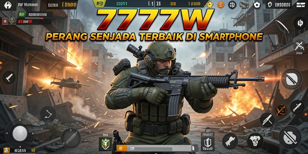 Screenshot utama 7777W menampilkan pertempuran FPS yang mendebarkan.