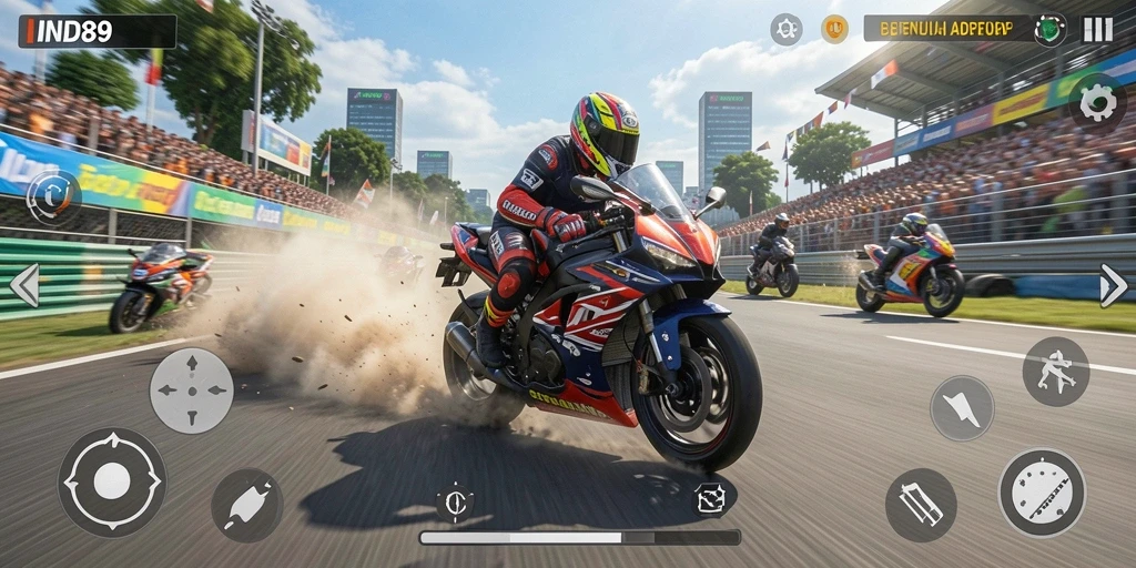 Screenshot IND89 menampilkan aksi balapan motor yang mendebarkan.
