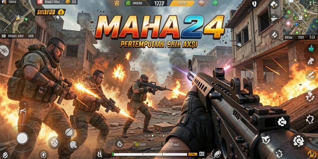Screenshot dari gameplay intens di MAHA24 dengan pertempuran FPS.