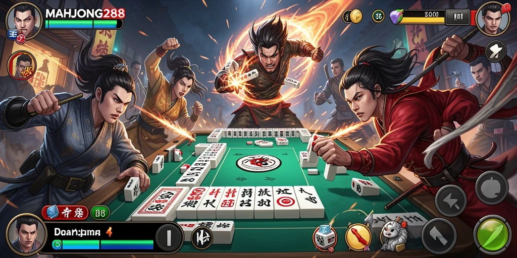 Screenshot gameplay MAHJONG288 menampilkan pertarungan seru antar karakter.