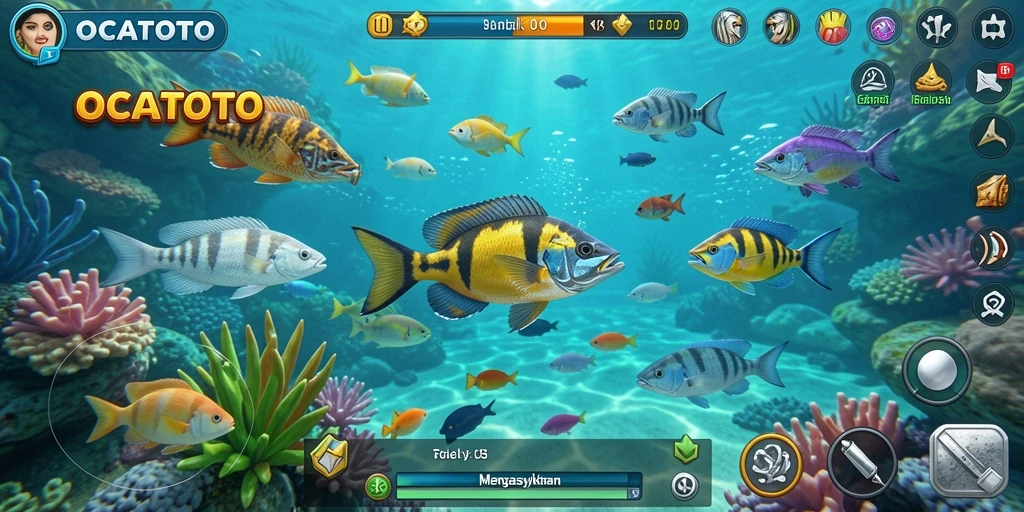 Screenshot gameplay OCATOTO menampilkan aksi tembak ikan yang seru.