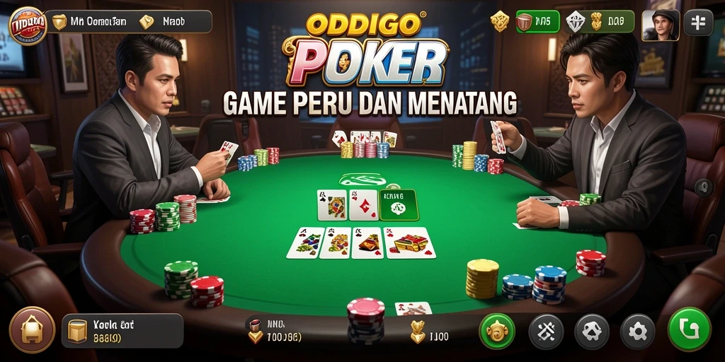 Screenshot ODDIGO memperlihatkan suasana meja poker yang kompetitif.