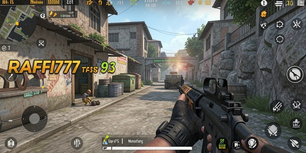 Tampilan gameplay intens dari RAFFI777 dalam pertempuran FPS.